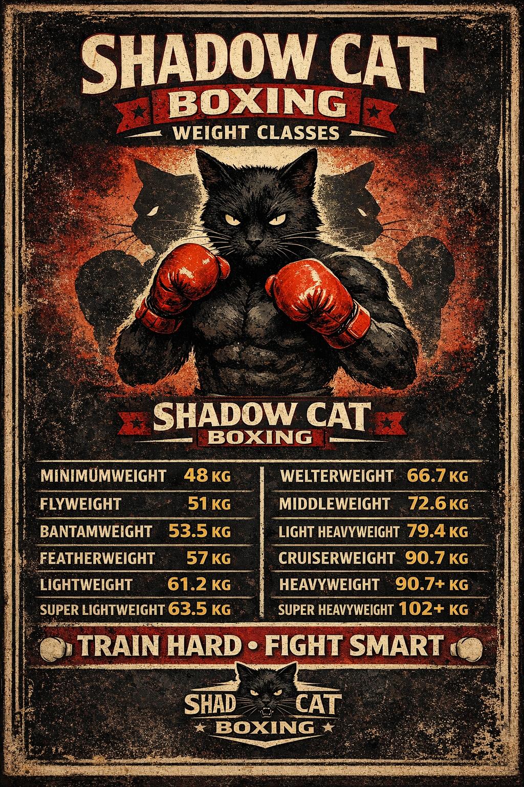 Shadow Cat Boxing Gym weight classes chart