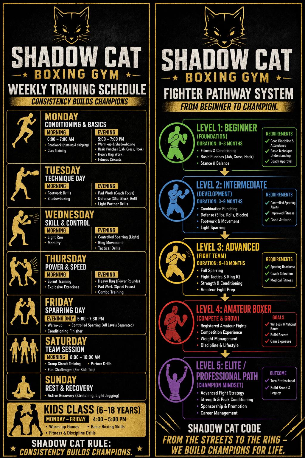 Shadow Cat Boxing Gym fighter pathway system — beginner to elite